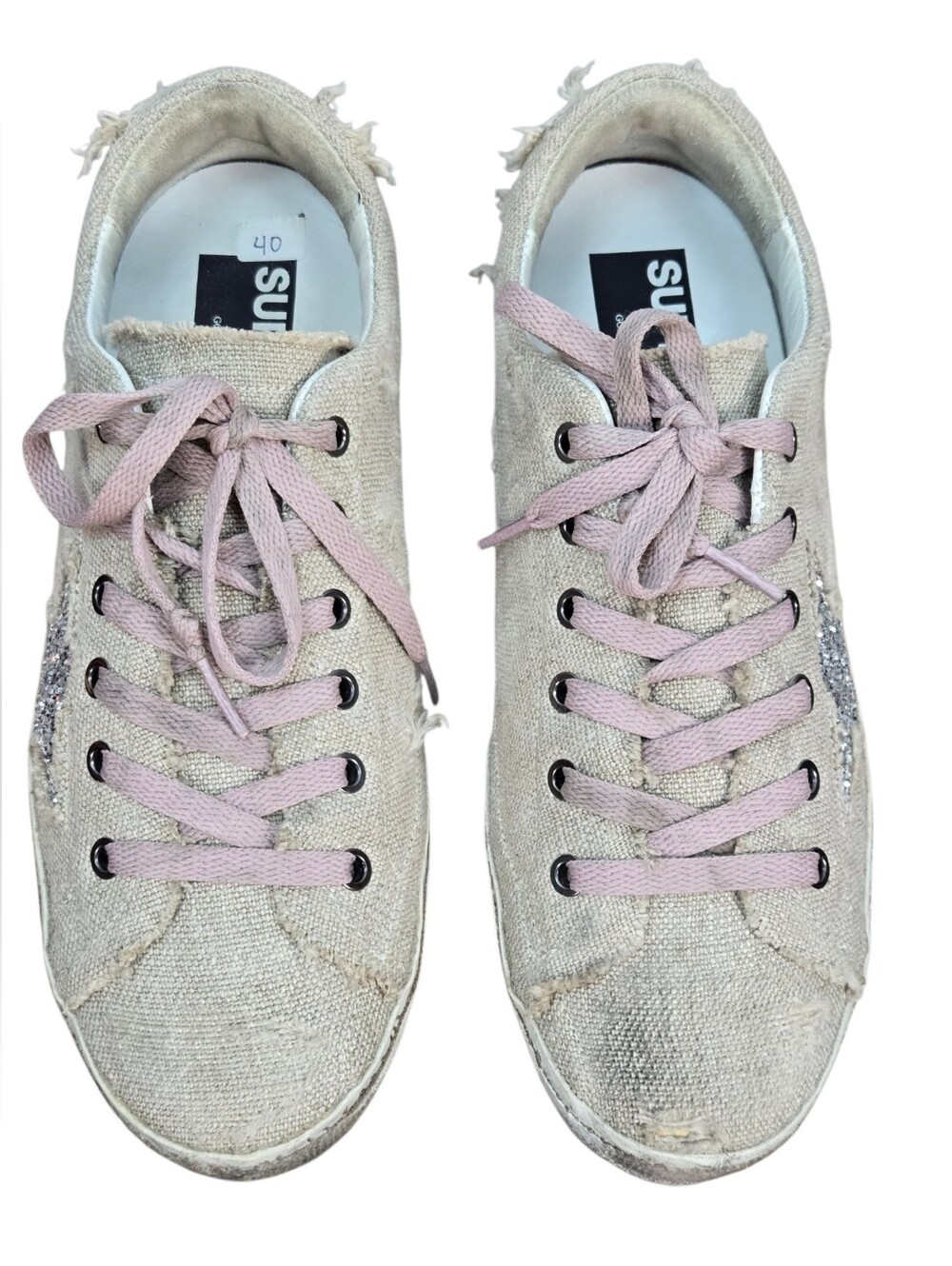 Golden Goose Superstar Distressed Linen Glitter Star Sneakers Pink Laces EU 40 - Picture 6 of 16